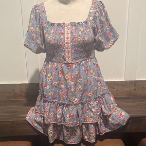 Blue Floral Smocked Dress with Ruffle Hem